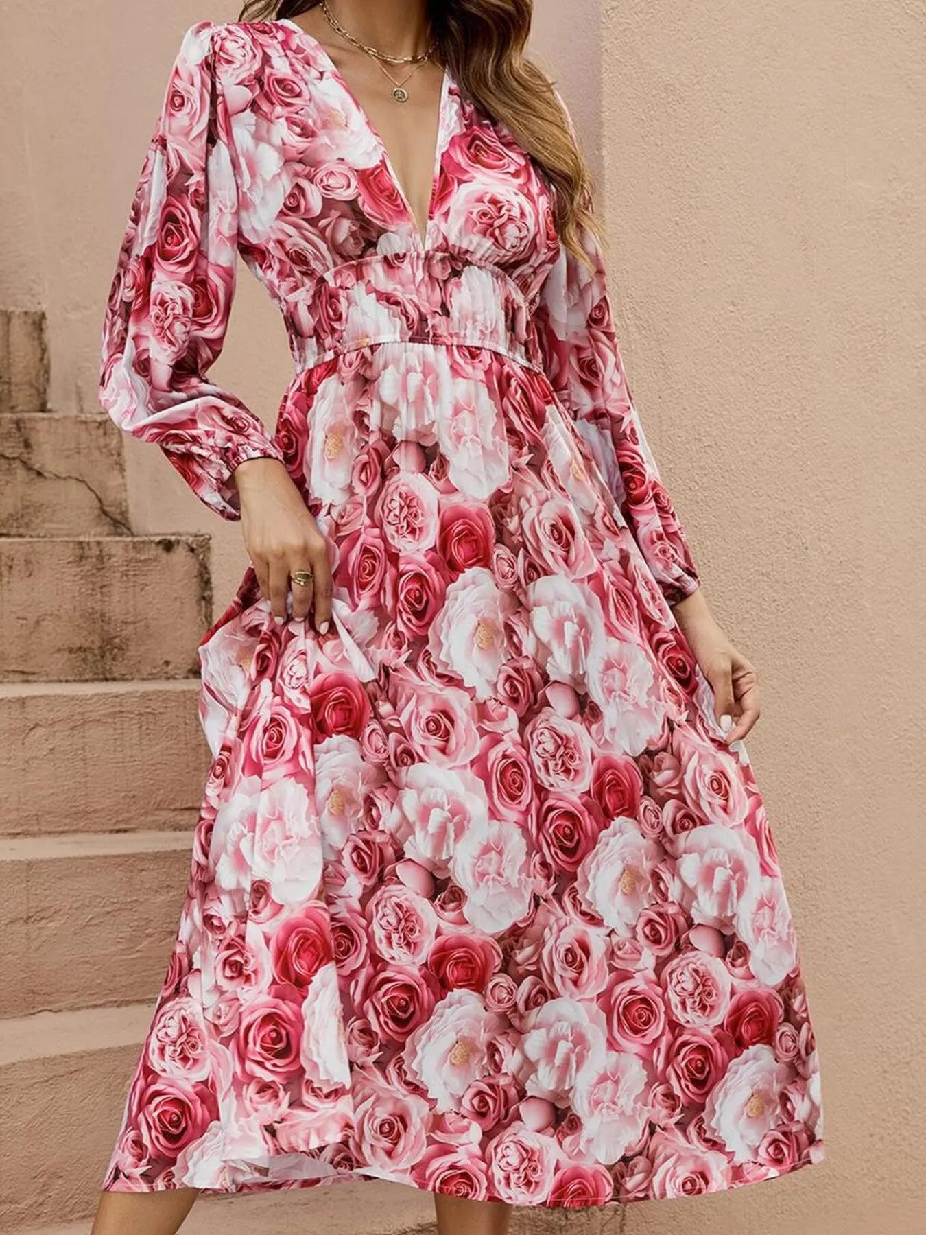 Floral V-Neck Long Sleeve Dress OutfitFlow