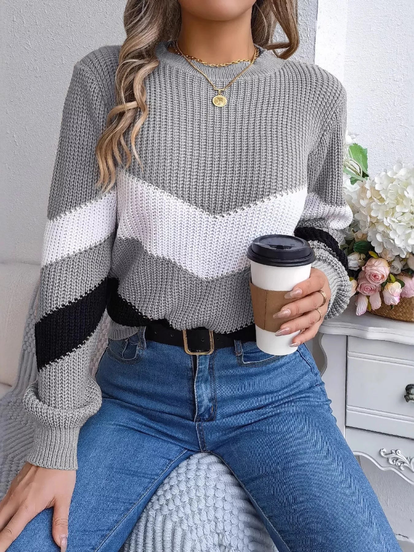 Chevron Stripe Color Block Round Neck Sweater OutfitFlow