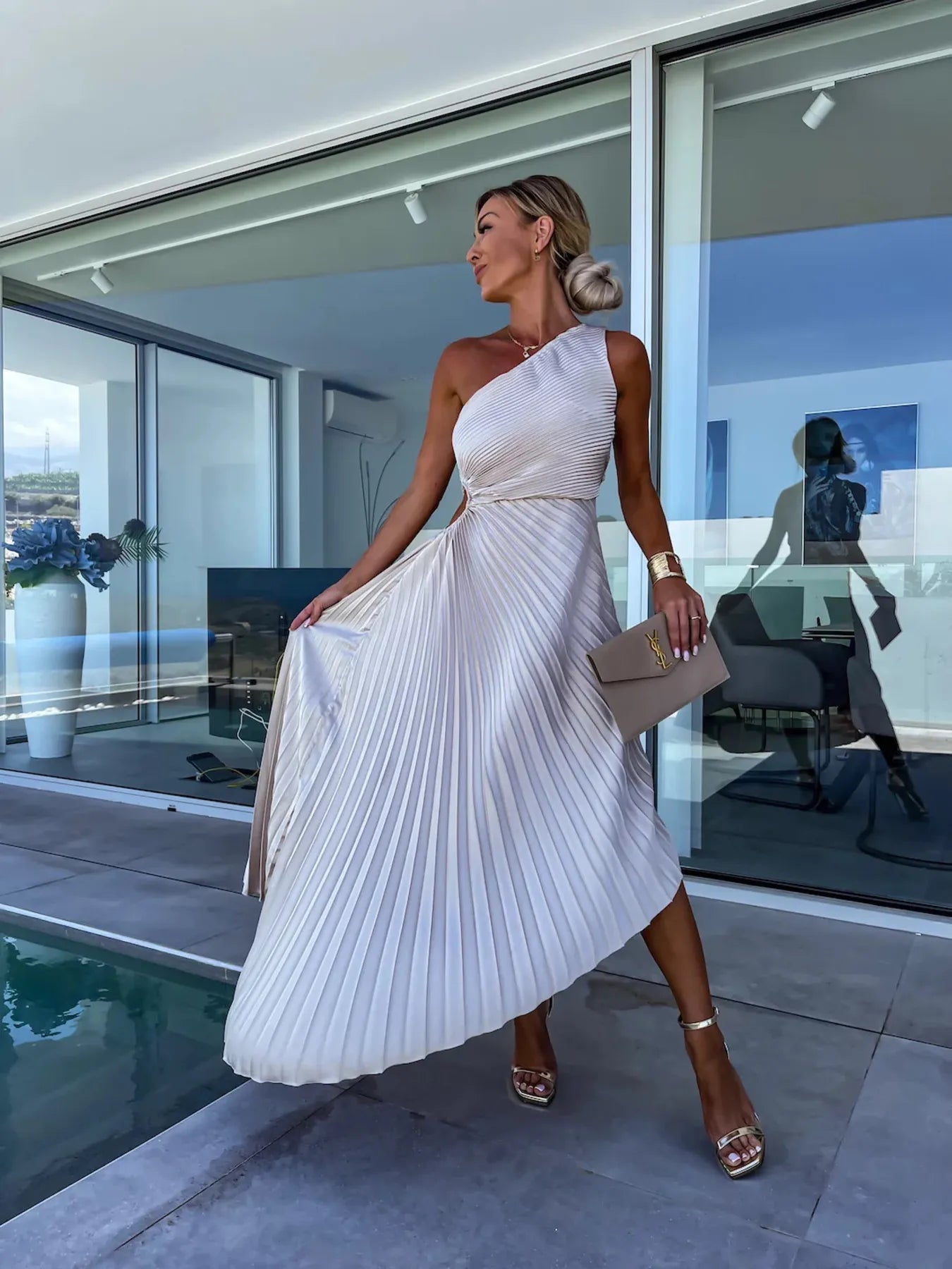 Full Size Single Shoulder Pleated Midi Dress Plus Size OutfitFlow