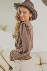 BiBi Smoking Waist Band and Puff Sleeves Deep V Neck Top OutfitFlow
