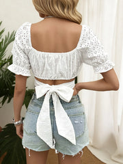 Swiss Dot Eyelet Flounce Sleeve Blouse OutfitFlow