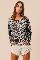 BiBi Leopard Hacci Knit Twist Back Top With Stripe Sleeve OutfitFlow
