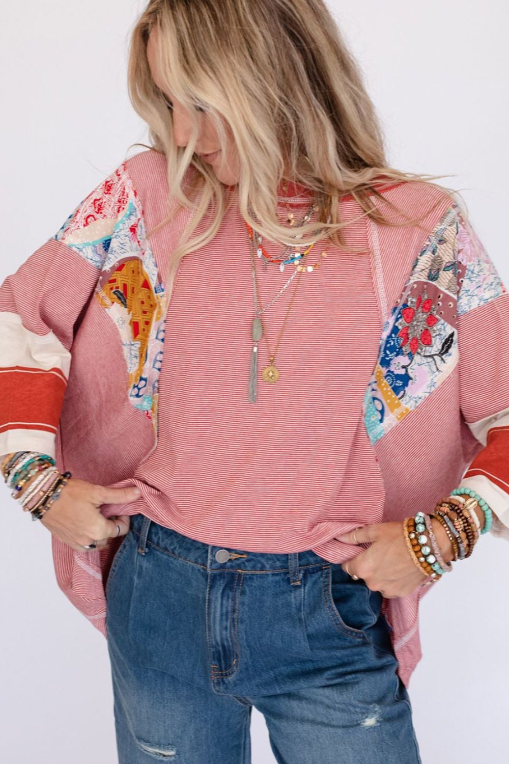 Outfit Flow - Striped Floral Patchwork Round Neck Top