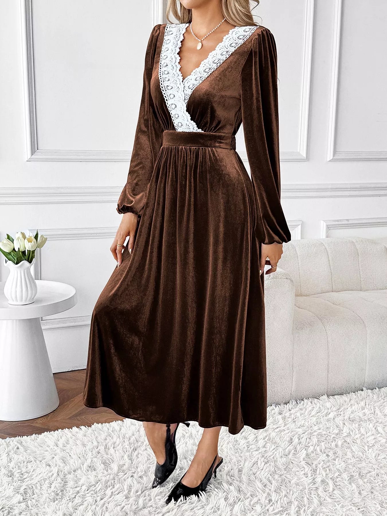 Velvet A-Line Dress with Lace Trim OutfitFlow