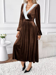 Velvet A-Line Dress with Lace Trim OutfitFlow