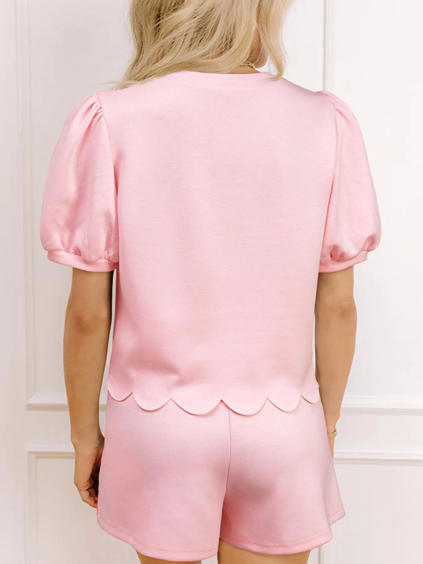Puff Sleeve Pearl Embellished Scallop Trim Top and Skort Set OutfitFlow