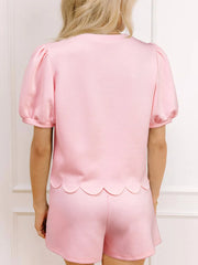 Puff Sleeve Pearl Embellished Scallop Trim Top and Skort Set OutfitFlow