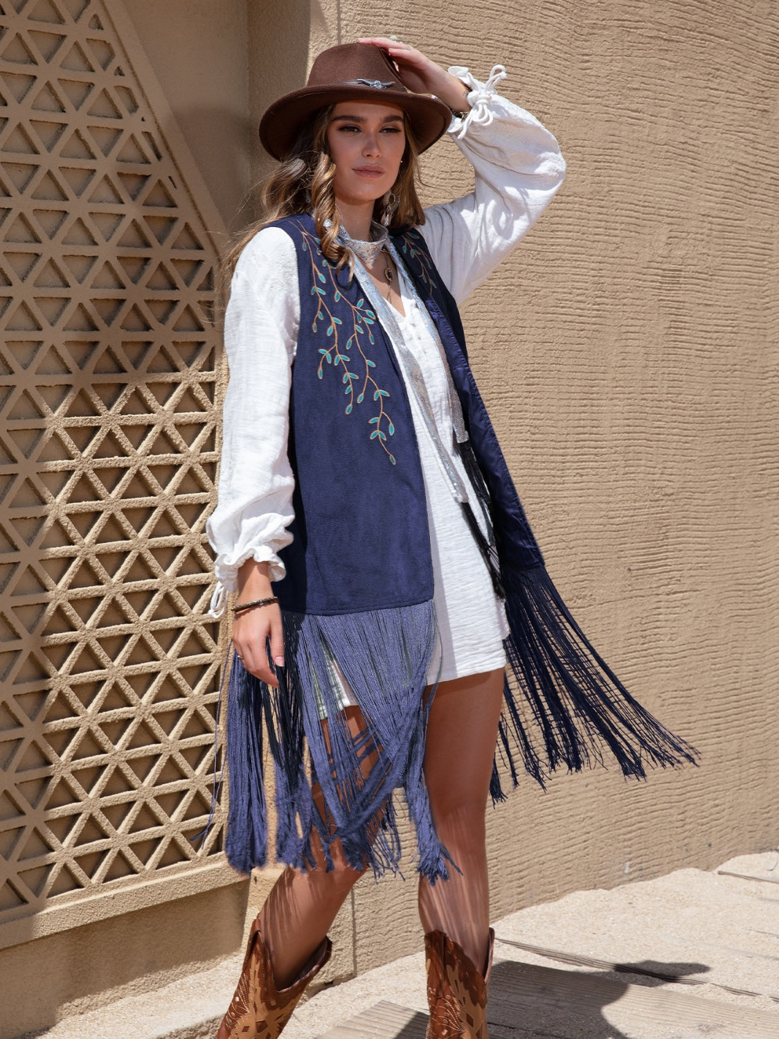 Faux Suede Fringe Hem Open Front Vest