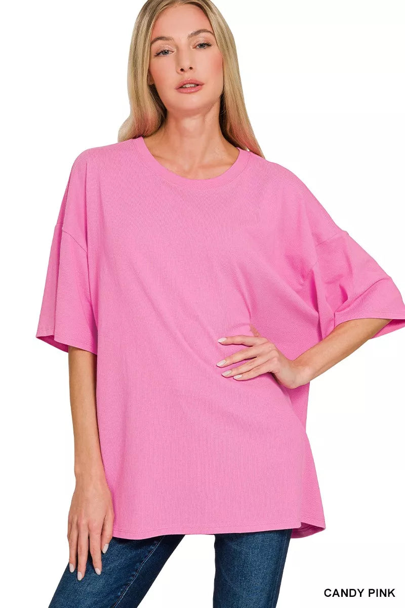 Zenana Cotton Short Sleeve Oversized Tunic Tee CANDY PINK OutfitFlow