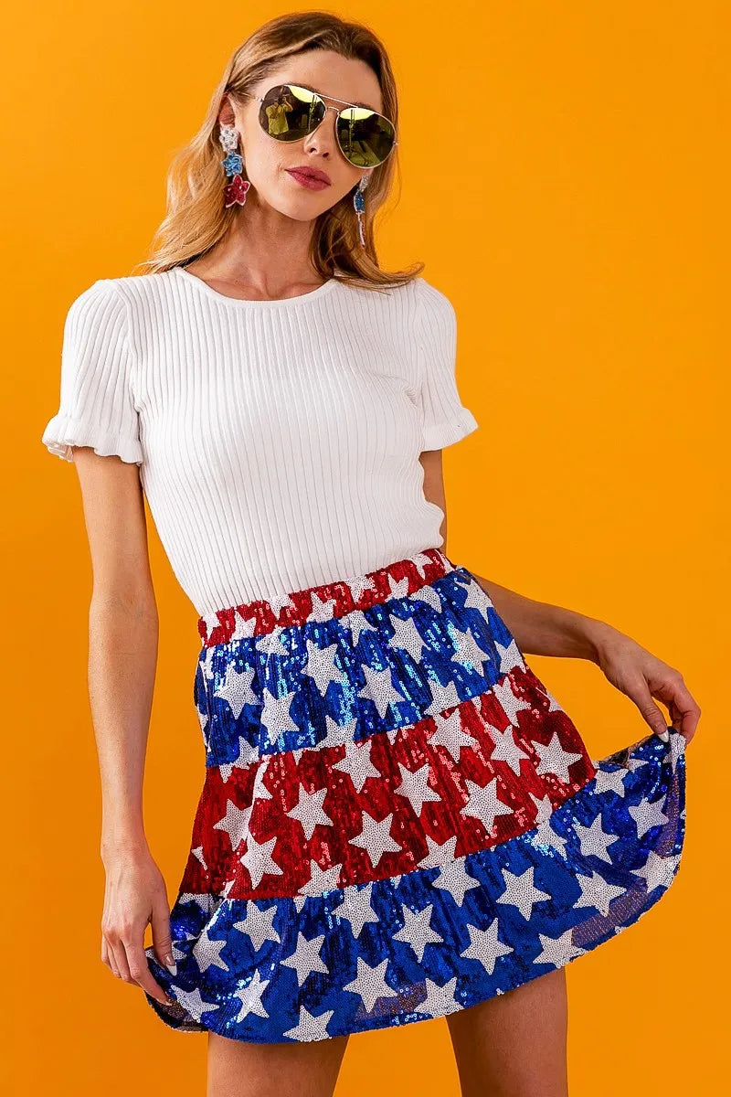 BiBi American Flag Theme Star Sequin Tiered Skirt OutfitFlow
