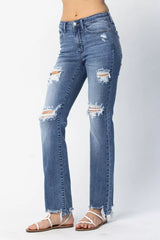 Judy Blue Full Size Mid Rise Destroy Straight Jeans Plus Size OutfitFlow