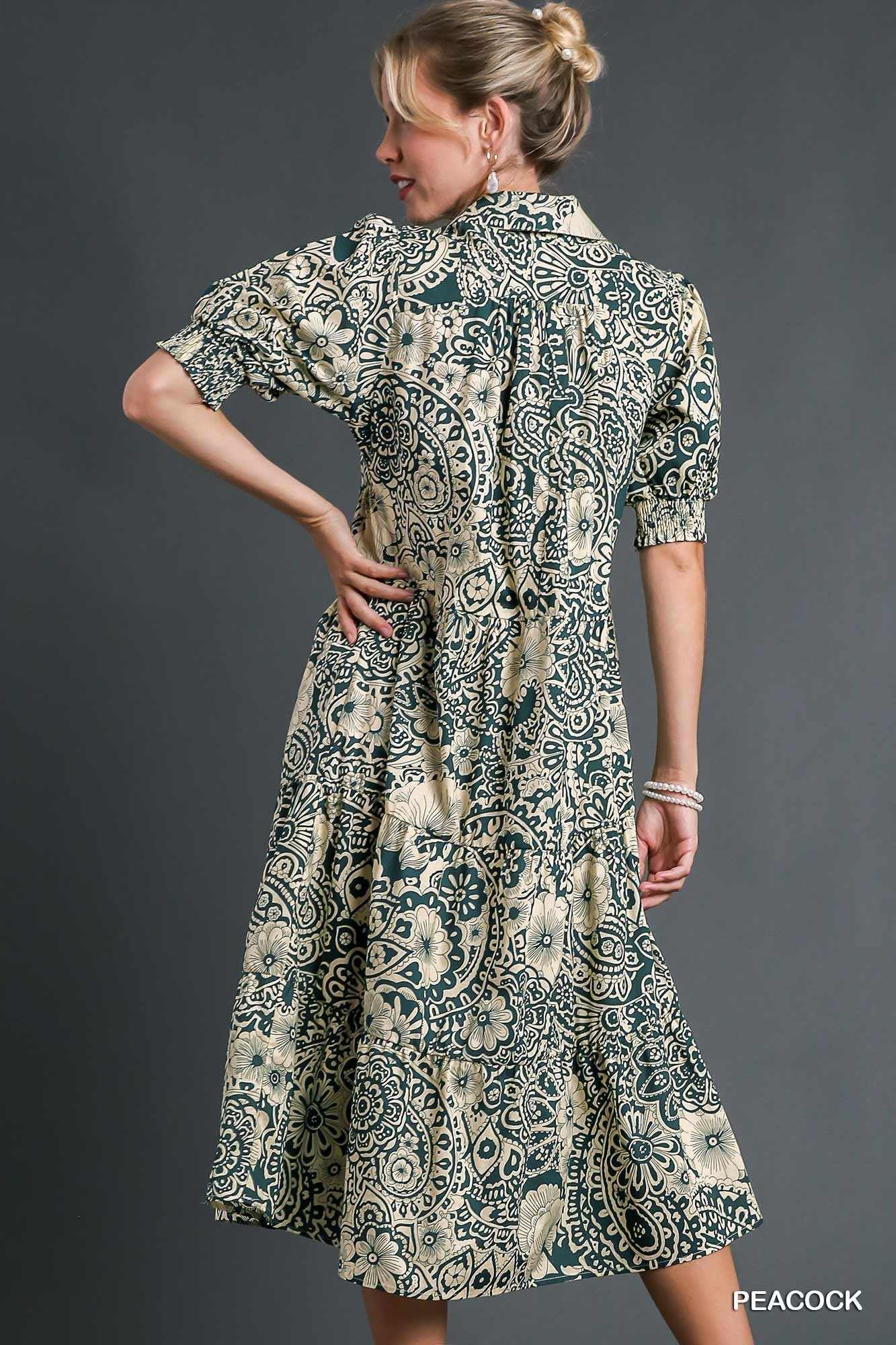 Umgee Full Size Printed Smocked Cuff Puff Sleeve Midi Dress Plus Size OutfitFlow