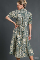 Umgee Full Size Printed Smocked Cuff Puff Sleeve Midi Dress Plus Size OutfitFlow