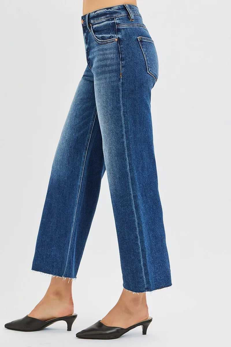 RISEN Full Size Mid Rise Crop Wide Raw Cut Hem Jeans Plus Size Trendsi