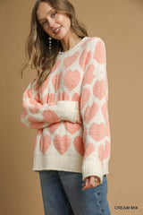 Umgee Mix Heart Pattern Pearl Accent Sweater OutfitFlow