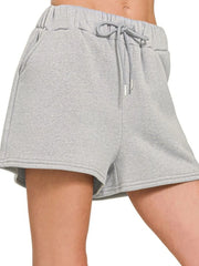 Zenana Fleece Drawstring Short Pants With Pockets H GREY OutfitFlow