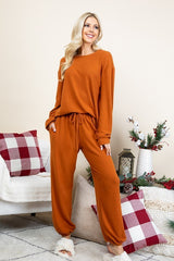 Outfit Flow - Super Lady Full Size Fuzzy Hacci Brush Round Neck Top and Pants Lounge Set