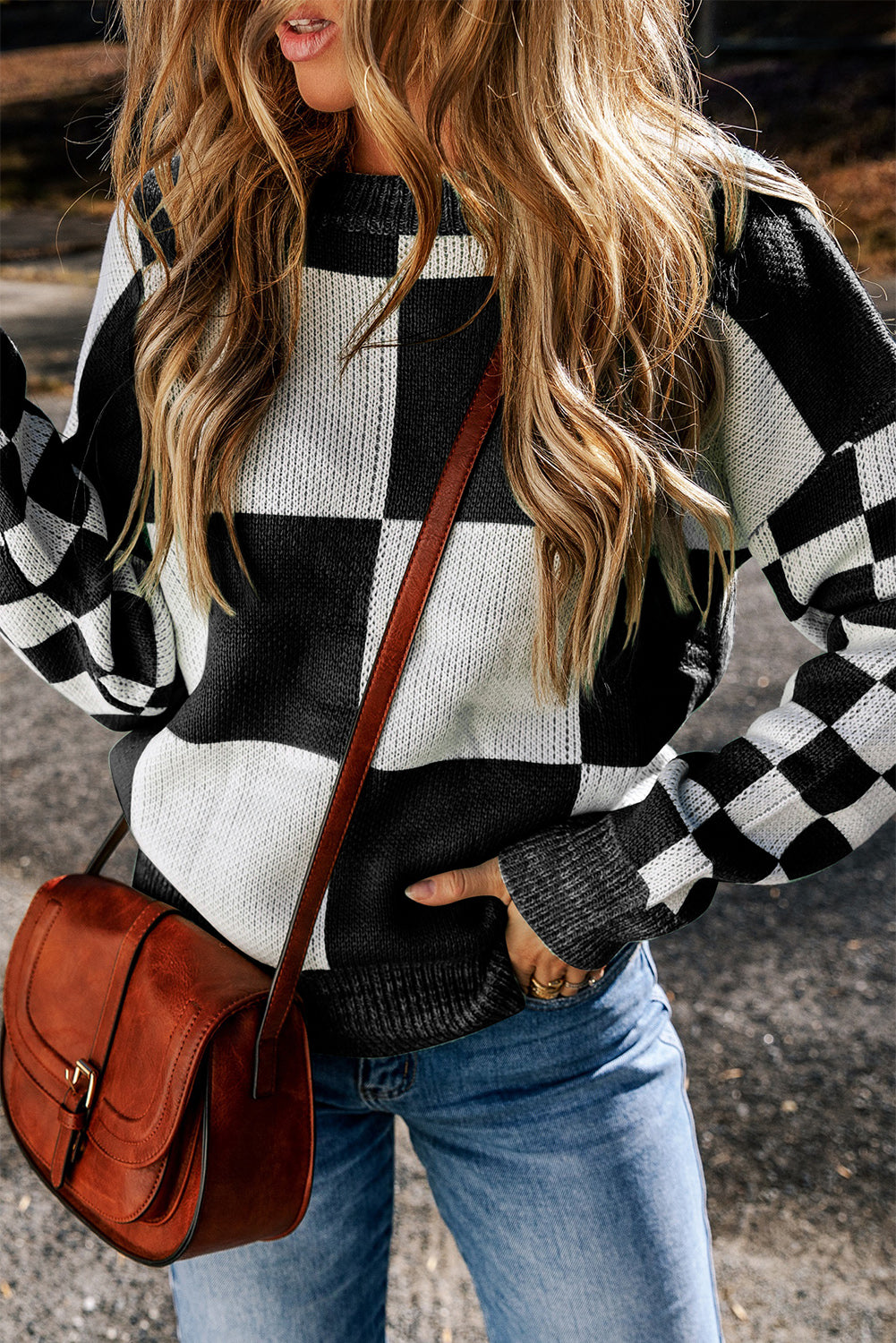 Outfit Flow - Checkered Round Neck Drop Shoulder Sweater