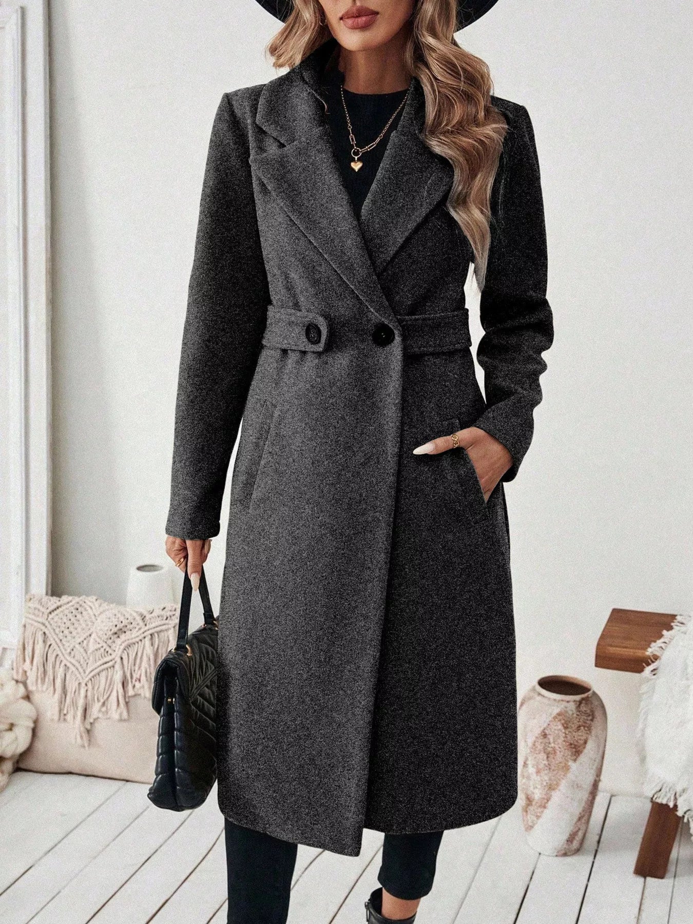 One Button Wool Blend Overcoat Brown OutfitFlow