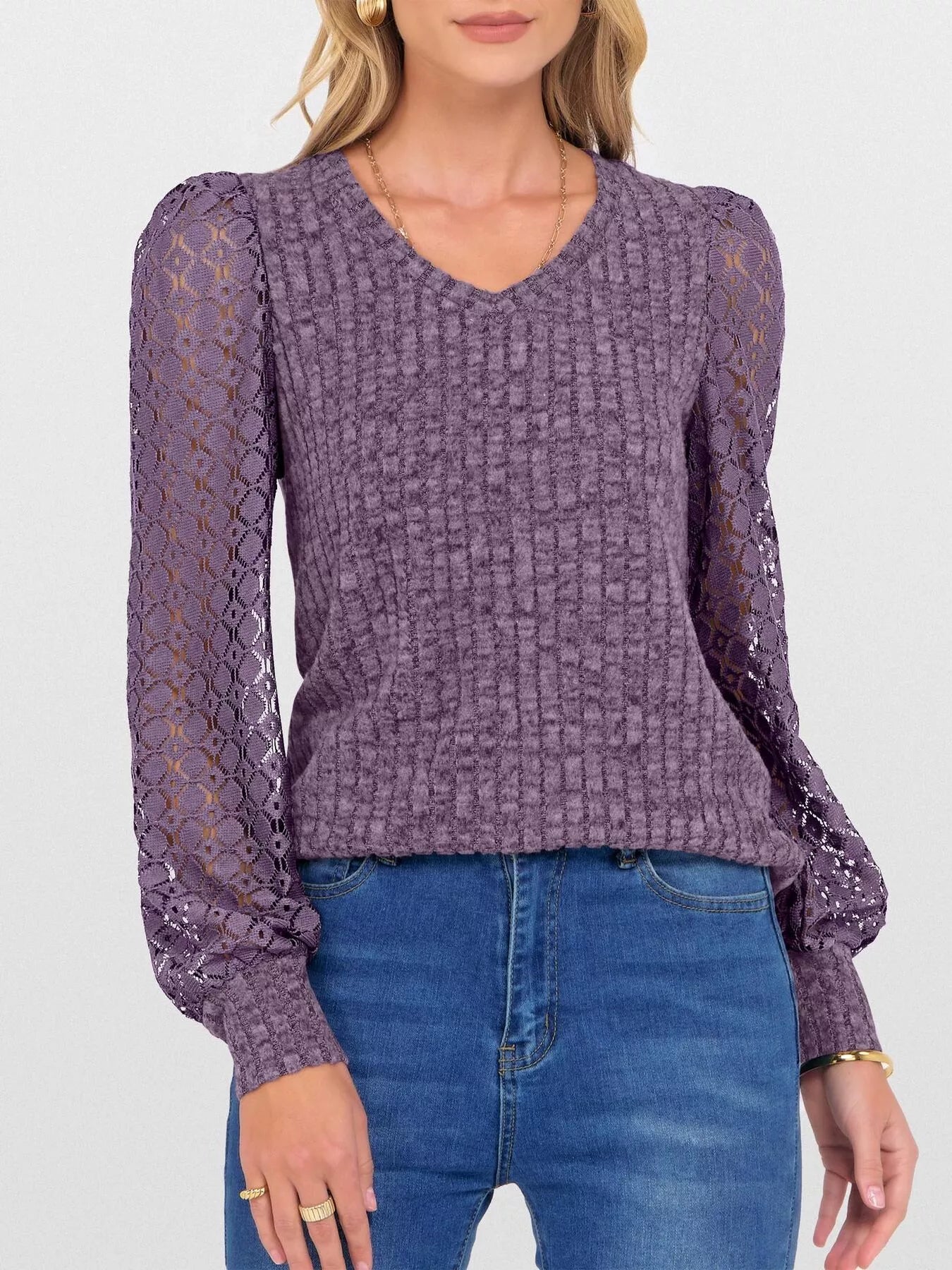 Lace Sleeve V-Neck T-Shirt Purple OutfitFlow