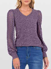 Lace Sleeve V-Neck T-Shirt Purple OutfitFlow
