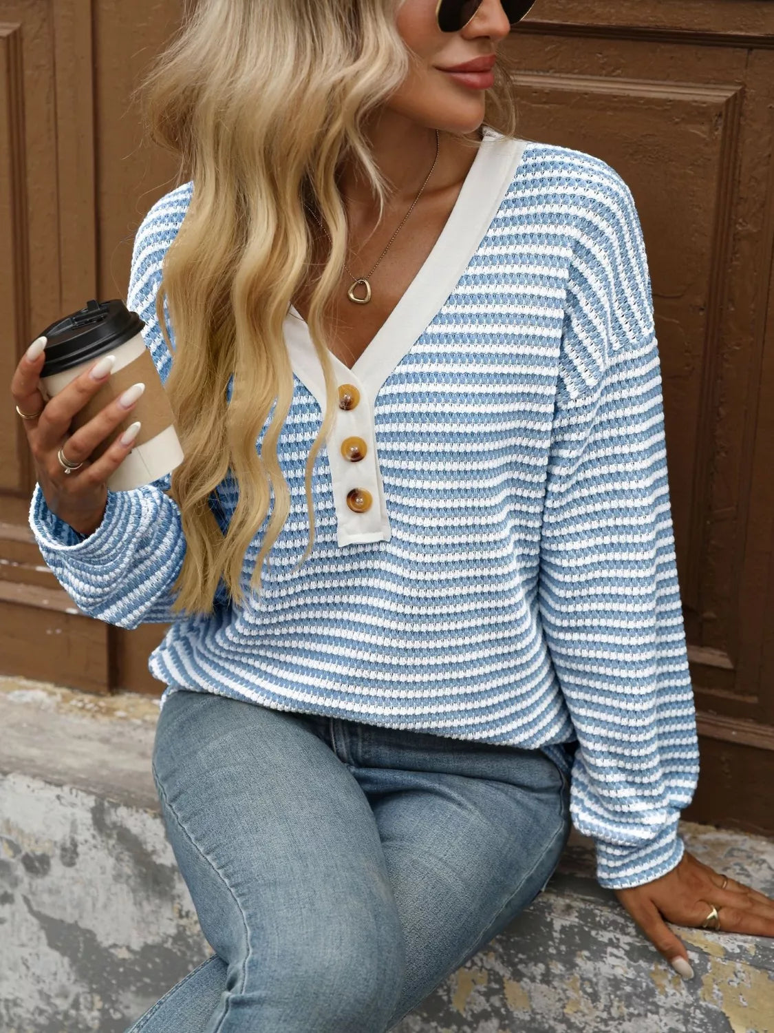 Striped Button Detail Long Sleeve T-Shirt Trendsi