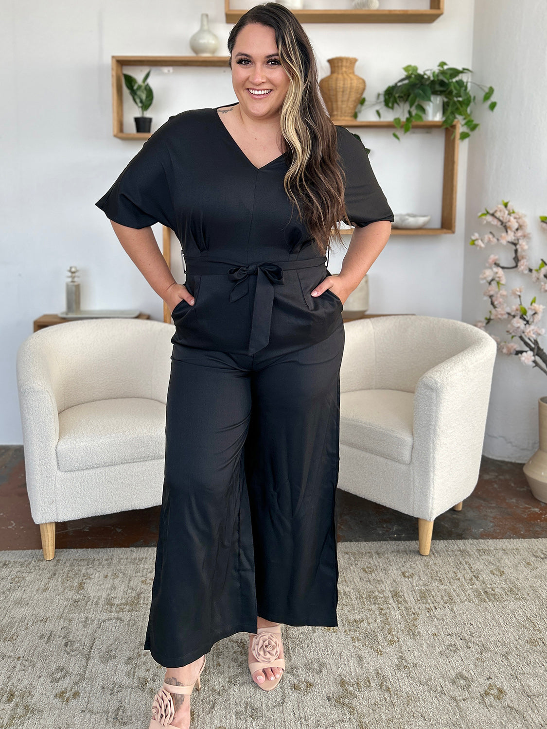 Outfit Flow - Double Take Full Size V-Neck Tied Side Slit Jumpsuit