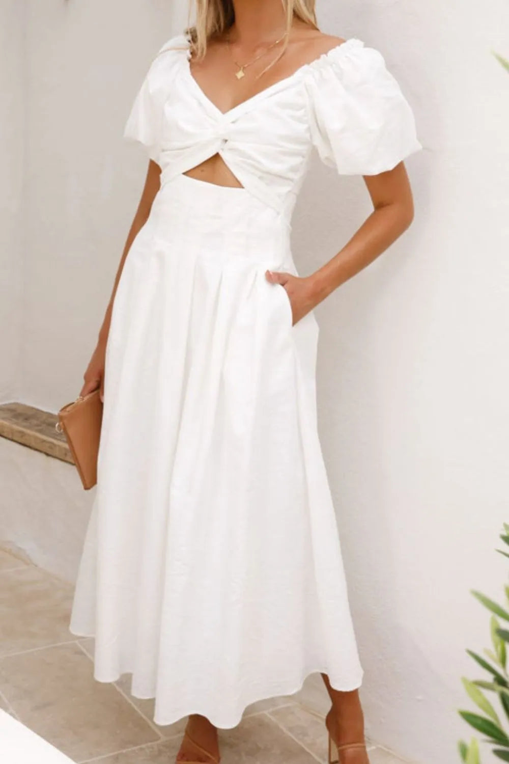 Sweetheart Neck Puff Sleeve Dress White OutfitFlow