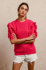 BiBi Ruffle Sleeve Ribbed Sweater OutfitFlow
