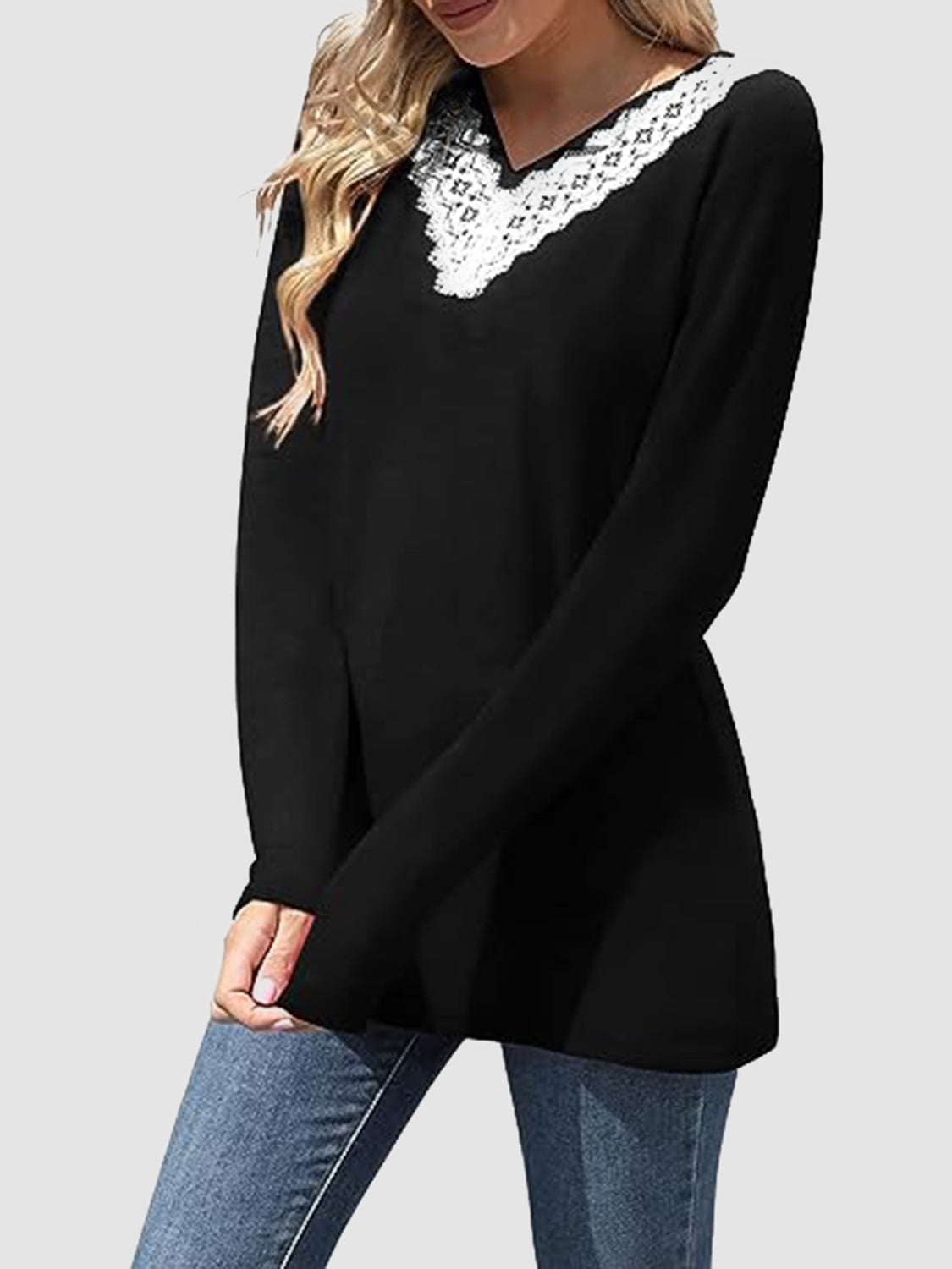 Outfit Flow - Lace Detail V-Neck Long Sleeve T-Shirt