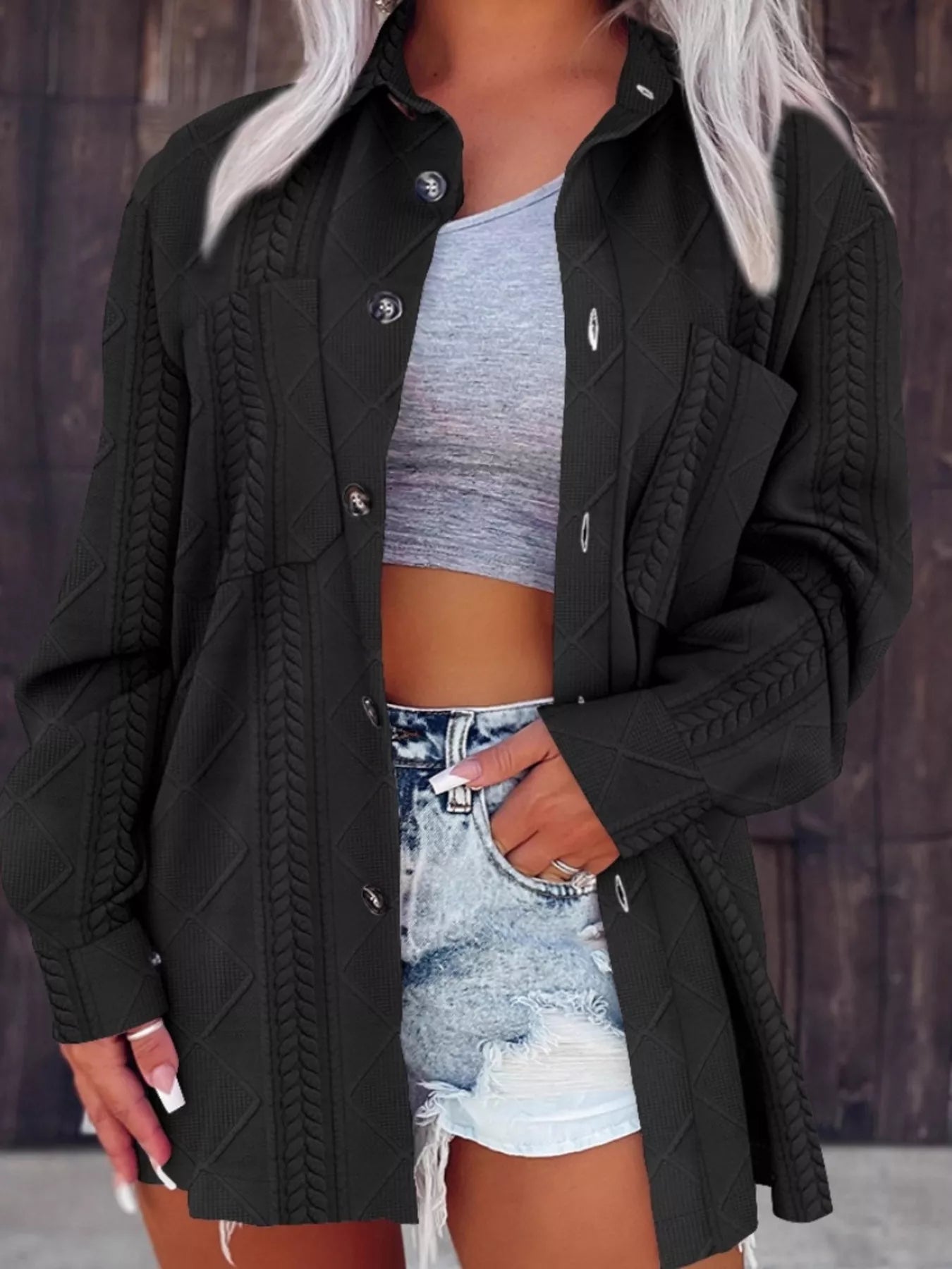 Button-Up Long Sleeve Oversized Jacket Black Trendsi
