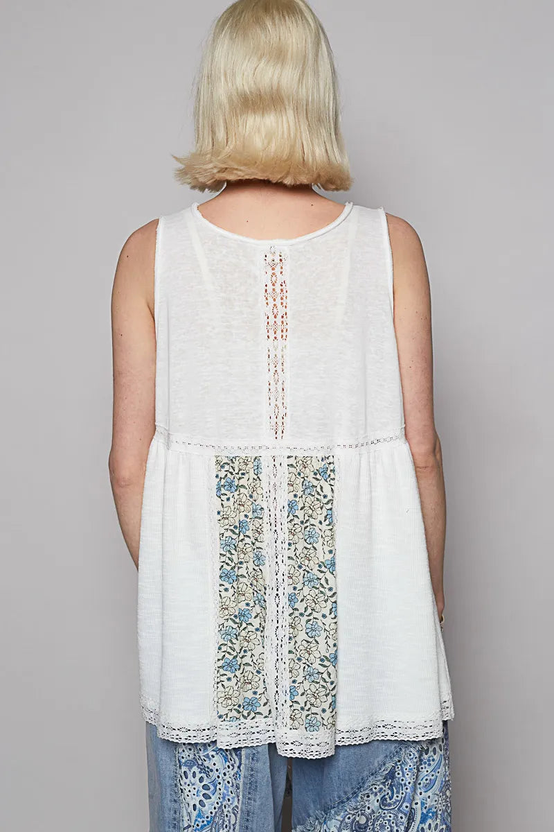 POL V Neck Sleeveless Tank Top with Lace Detail OutfitFlow