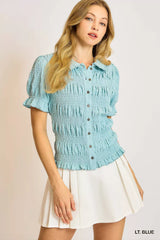 Umgee Smocked Short Sleeve Button-Front Shirt with Peter Pan Collar LT. BLUE Trendsi