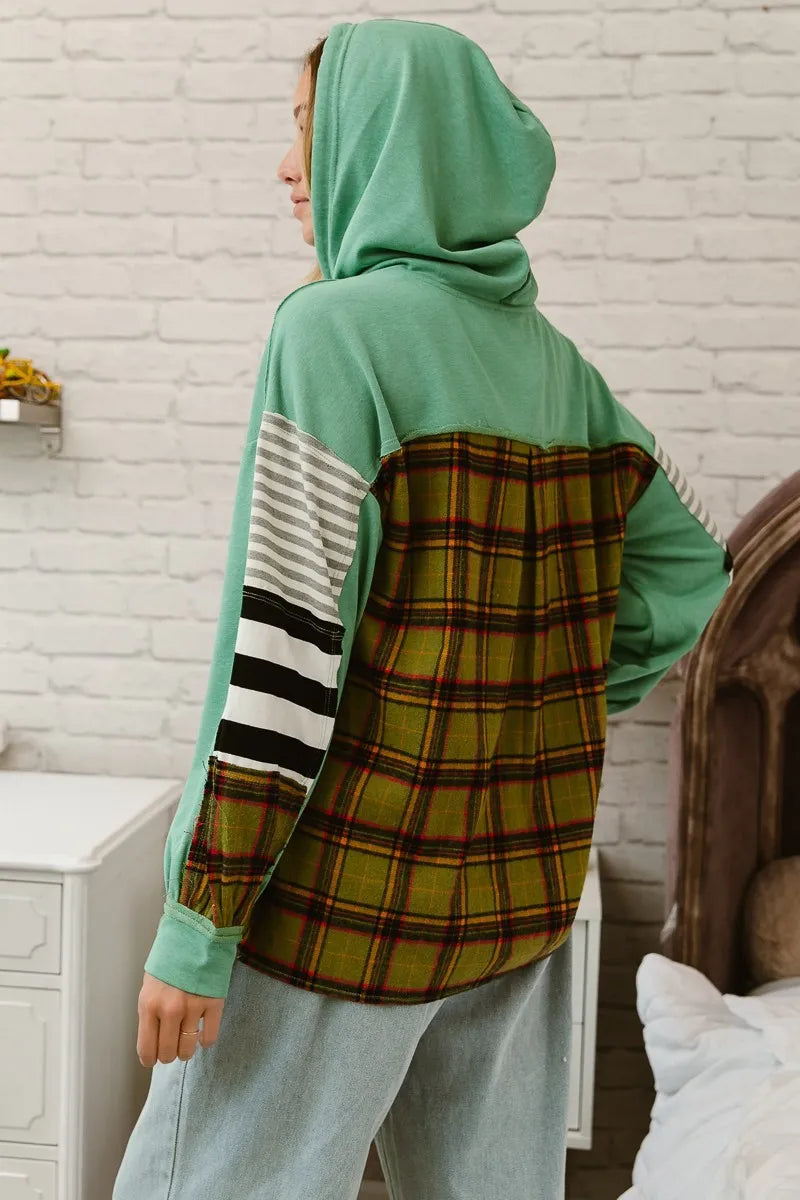 BiBi Plaid With Stripes Mix Match French Terry Hoodie OutfitFlow