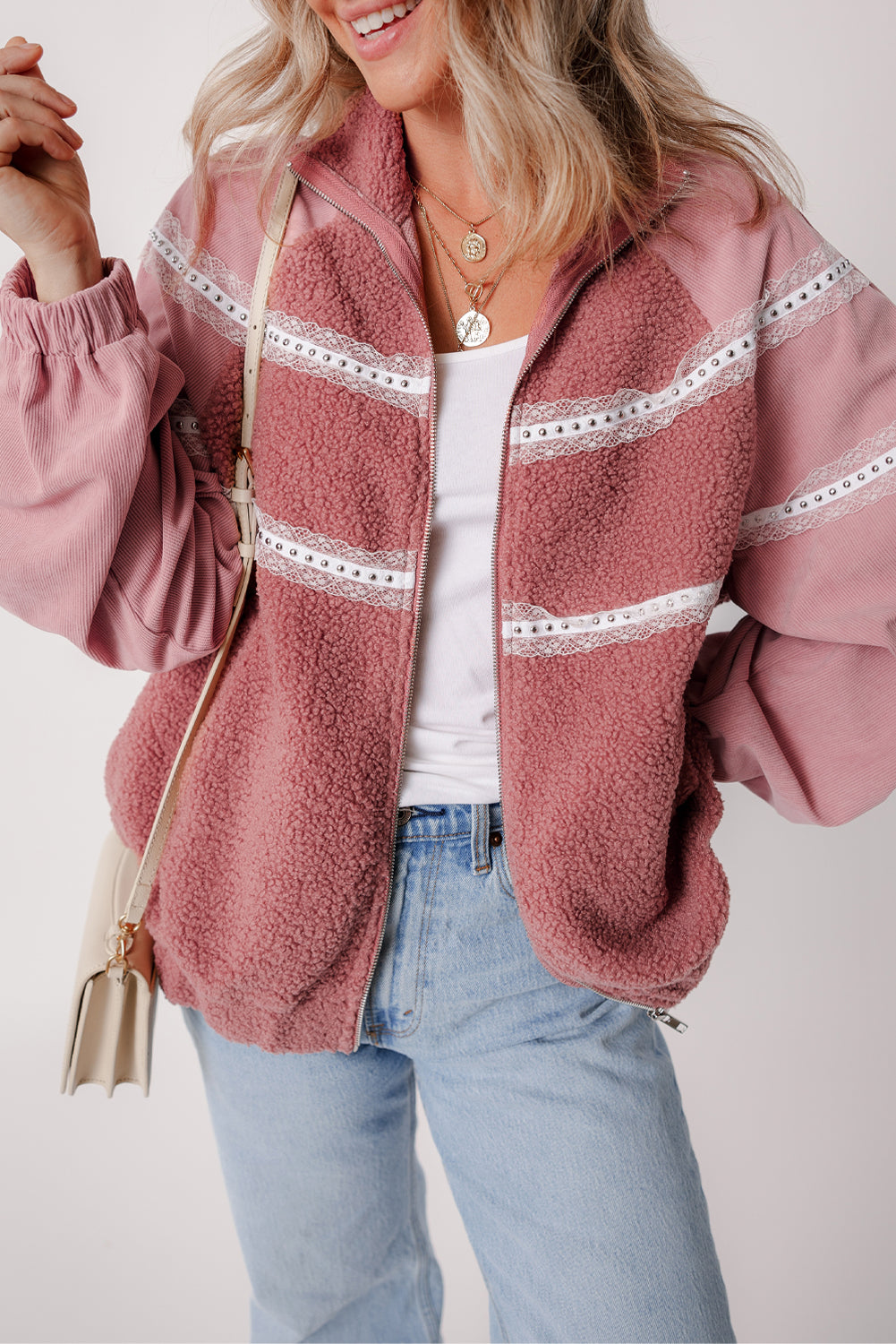 Outfit Flow - Lace Detail Zip Up Sherpa Patchwork Jacket