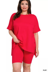 Zenana Full Size Brushed Dty Microfiber Round Neck Top and Biker Shorts Set Plus Size Trendsi