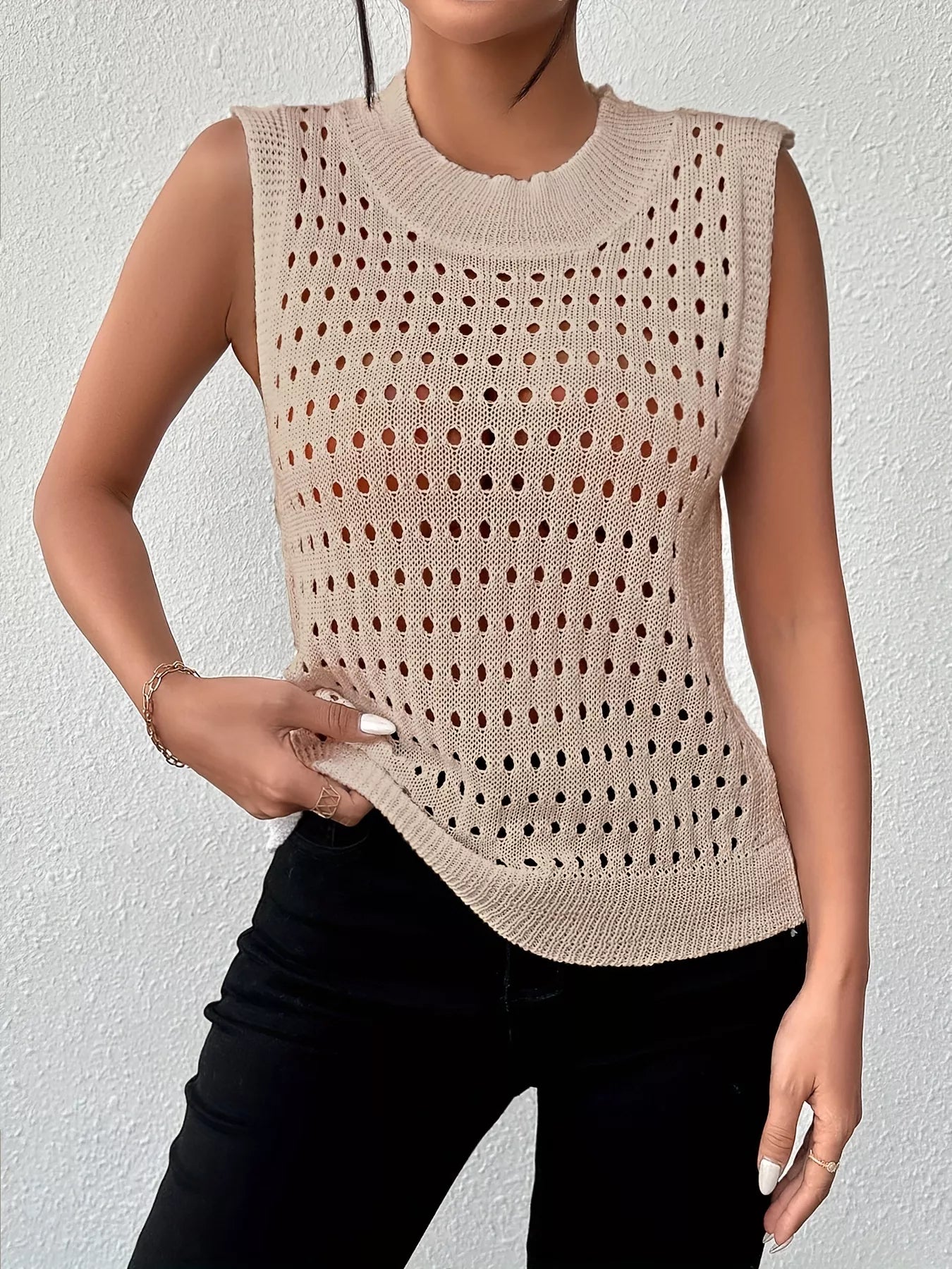 Hollow Out Round Neck Knit Tank OutfitFlow