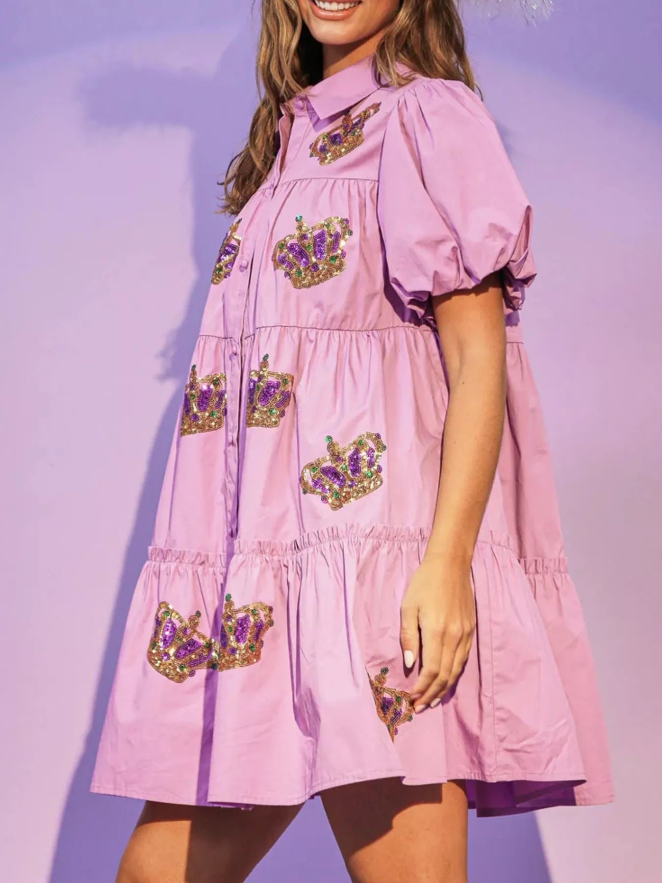 Full Size Sequin Button Front Puff Sleeve Shirt Dress Plus Size OutfitFlow