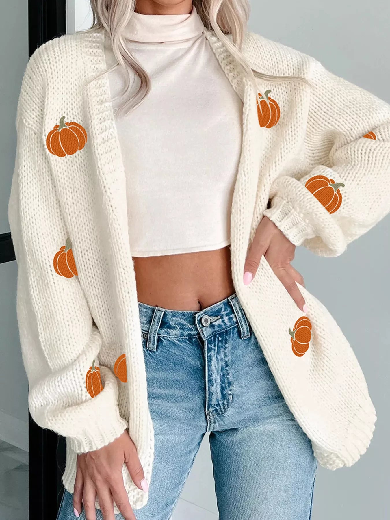 Halloween Pumpkin Embroidered Knit Cardigan White OutfitFlow