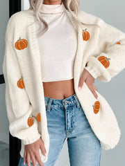Halloween Pumpkin Embroidered Knit Cardigan White OutfitFlow