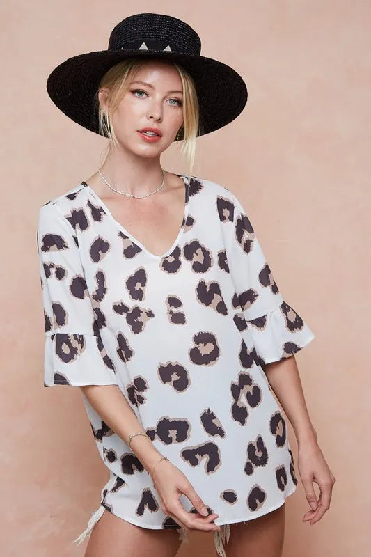 BiBi Leopard Printed V Neck Woven Top with Ruffled OutfitFlow