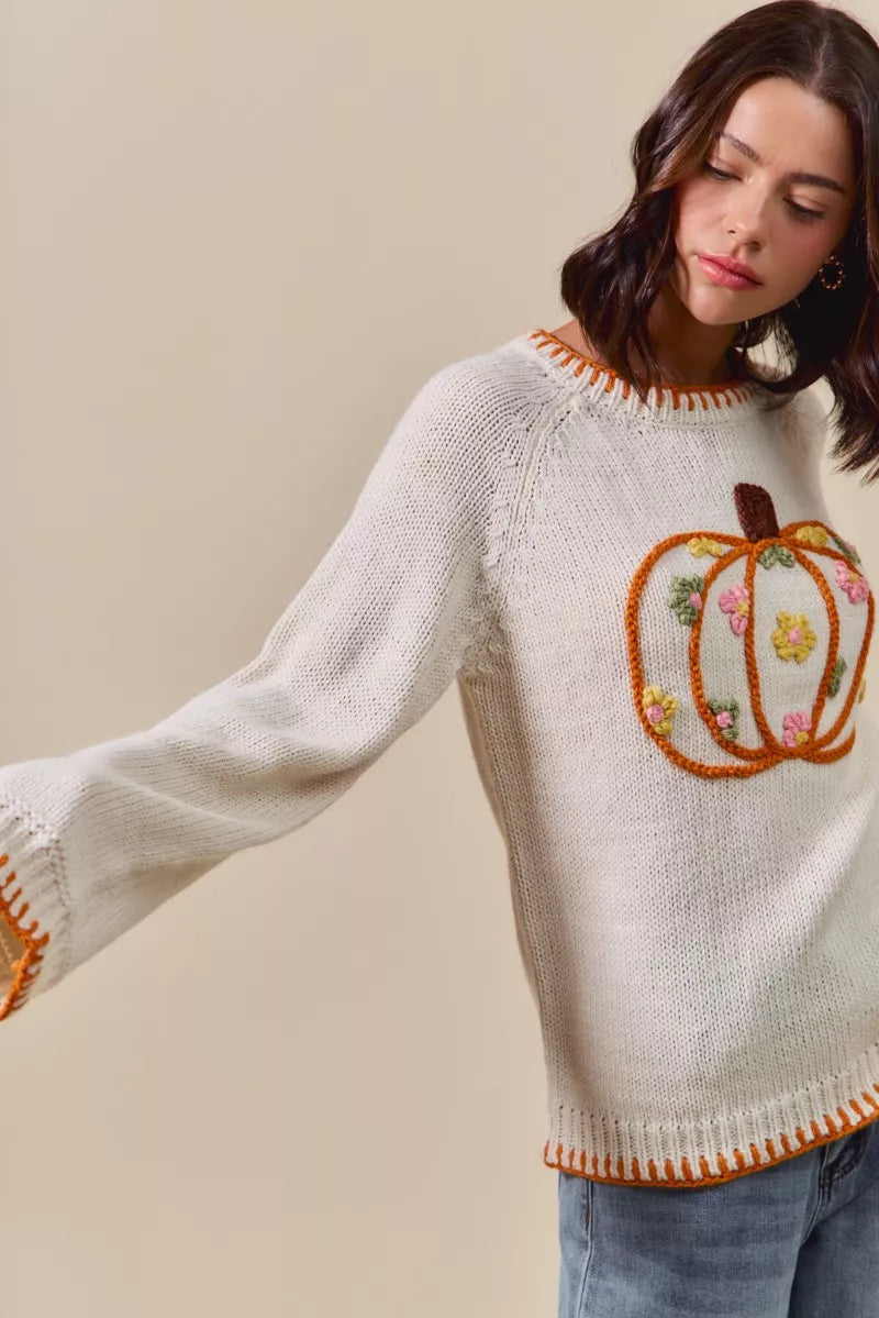SO ME Pumpkin Floral Embroidered Thanksgiving Sweater OutfitFlow