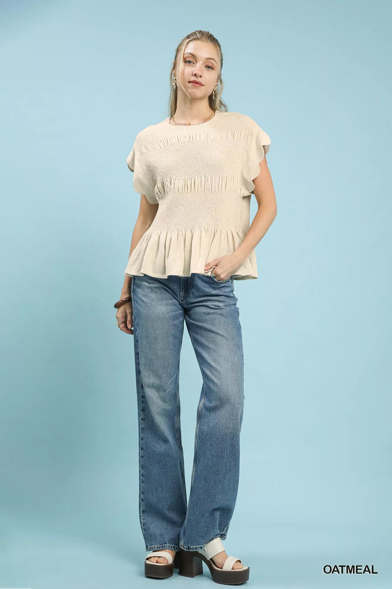 Umgee Linen Blend Smocked Peplum Blouse OutfitFlow