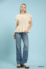 Umgee Linen Blend Smocked Peplum Blouse OutfitFlow