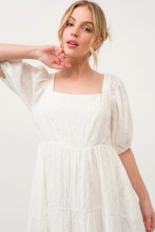 And The Why Square Neck Puff Sleeve Tiered Mini Dress OutfitFlow