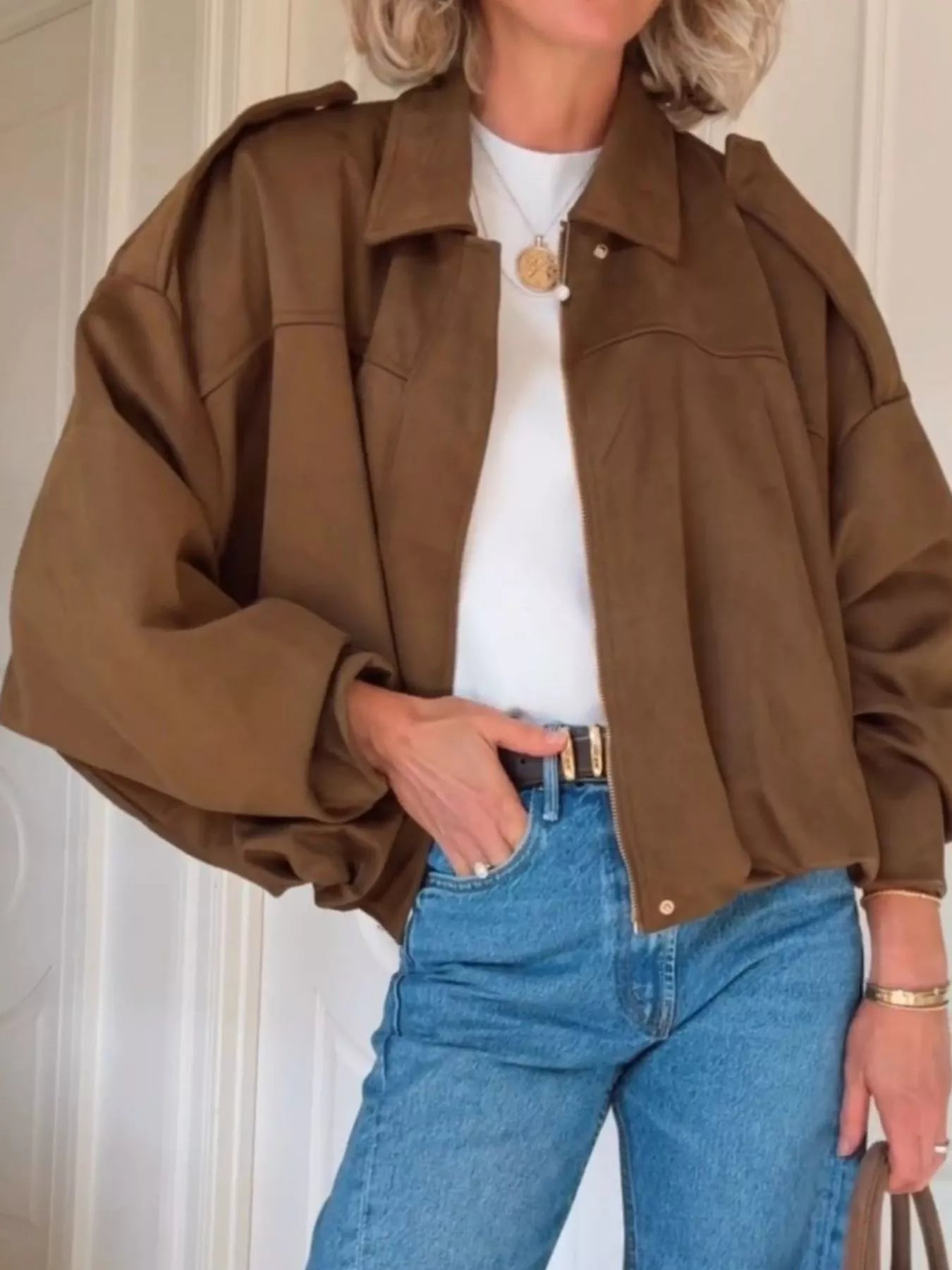 Zip Up Dropped Shoulder Suede Jacket Brown OutfitFlow