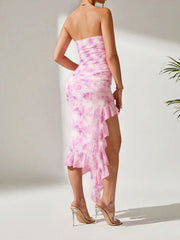Tie-Dye Strapless Ruffle Hem Dress OutfitFlow