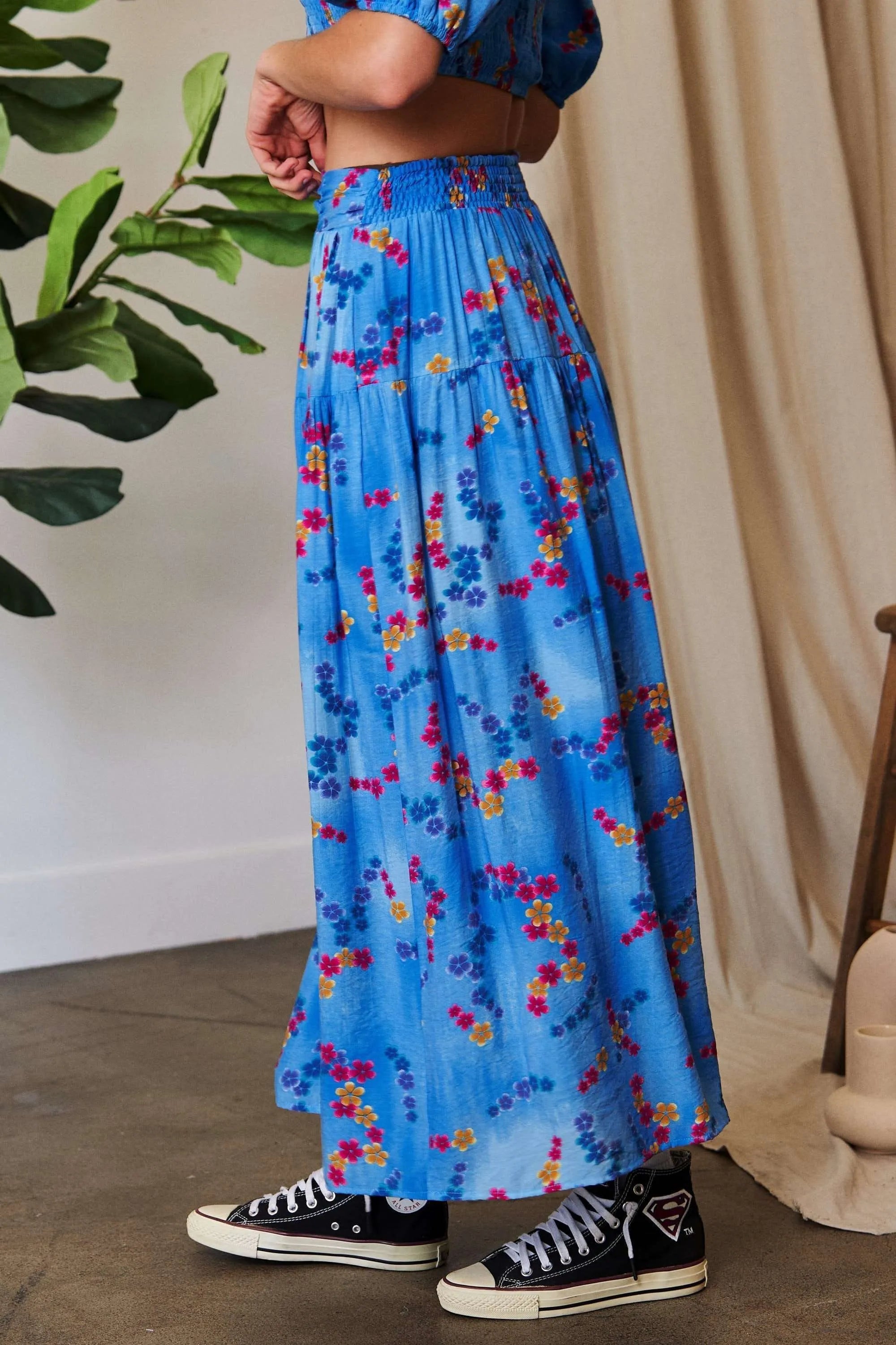 Davi & Dani Printed Smocking Waistband Ruffled Maxi Skirt OutfitFlow