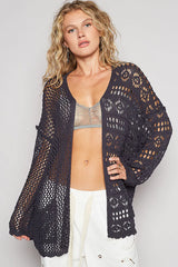 POL Open-Front Crochet Oversized Cardigan CHARCOAL OutfitFlow
