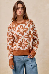 BiBi Flower Pattern Long Sleeve Sweater OutfitFlow